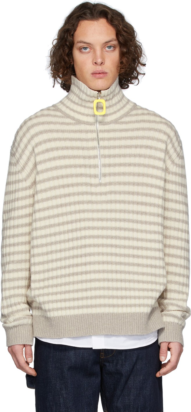 J.W.Anderson Grey & Off-White Striped Neckband Sweater