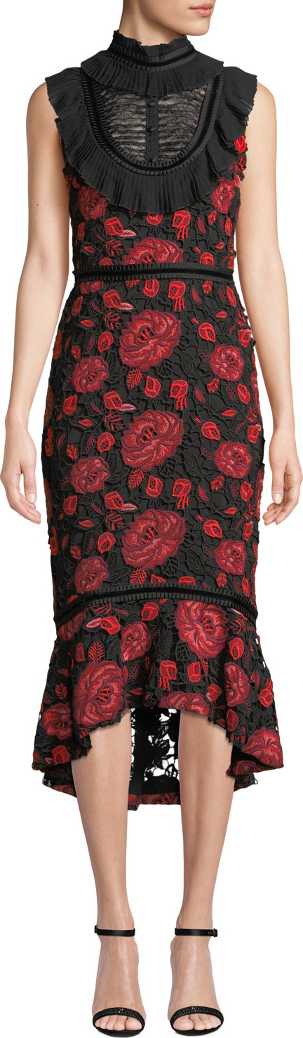 Alice + Olivia Evelina High-Neck Sleeveless Floral-Lace Cocktail Dress w/ Ruffle Bib