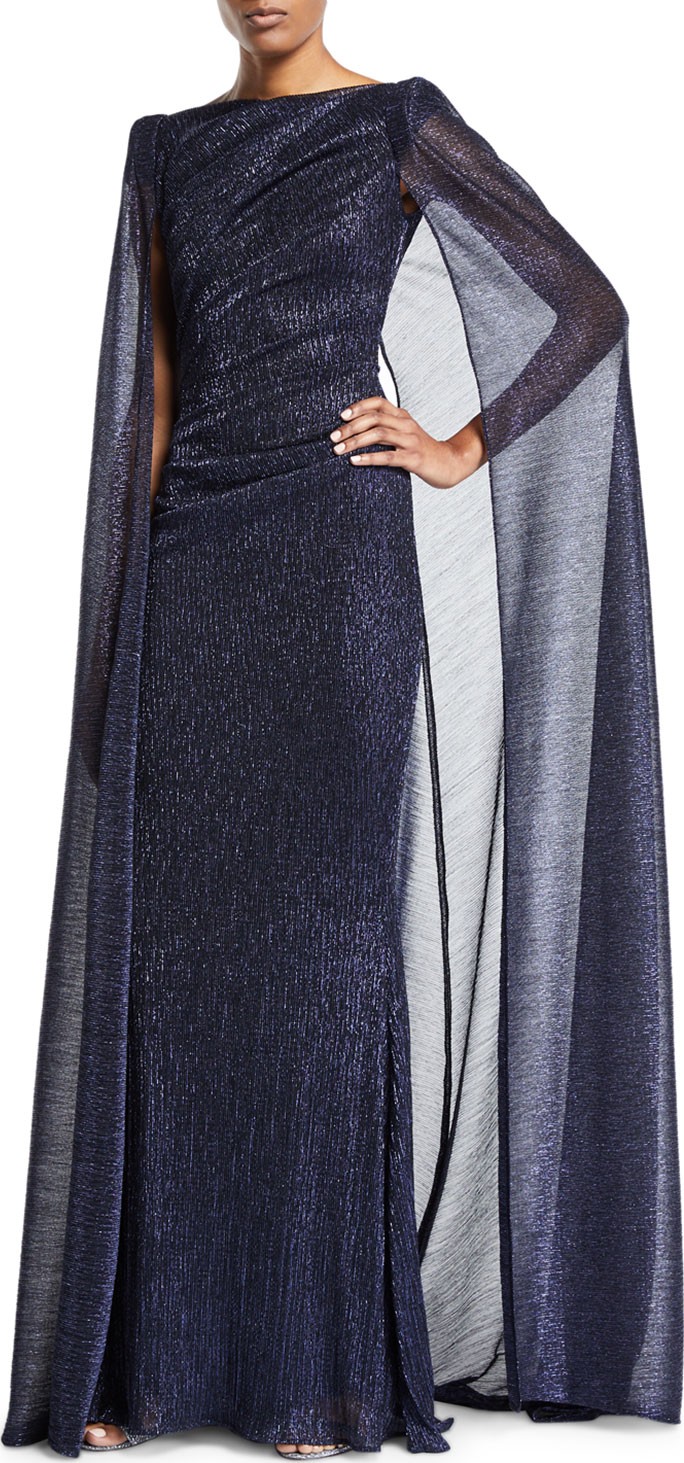 Talbot Runhof Shimmered Cape-Back Pleated-Waist Gown
