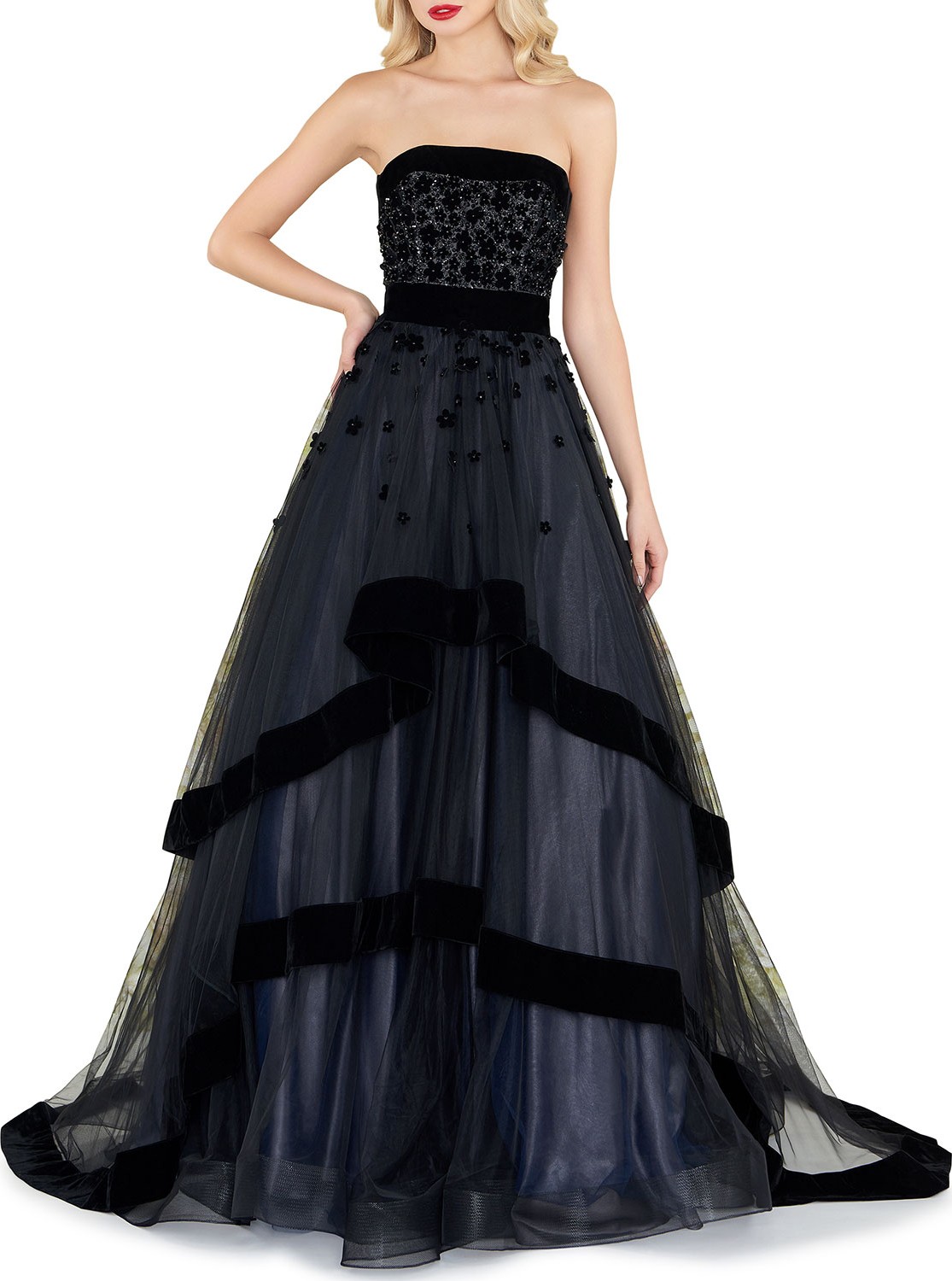 Mac Duggal Strapless Tiered Gown with Velvet Trim & Floral Appliques
