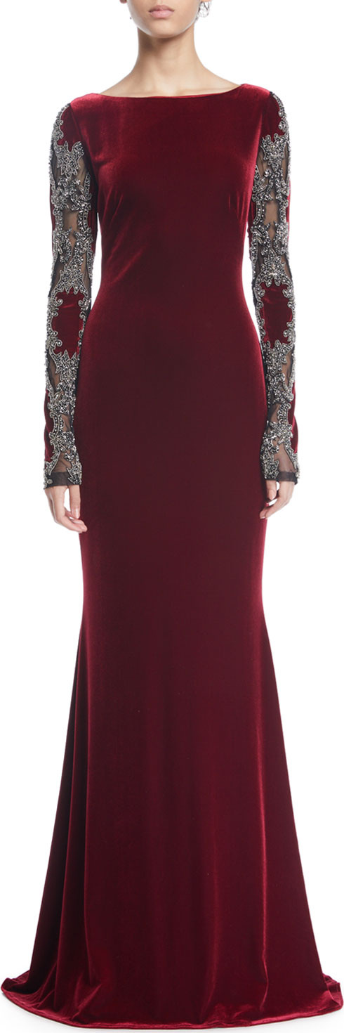 Badgley Mischka Sheer Long-Sleeve Velvet Column Gown