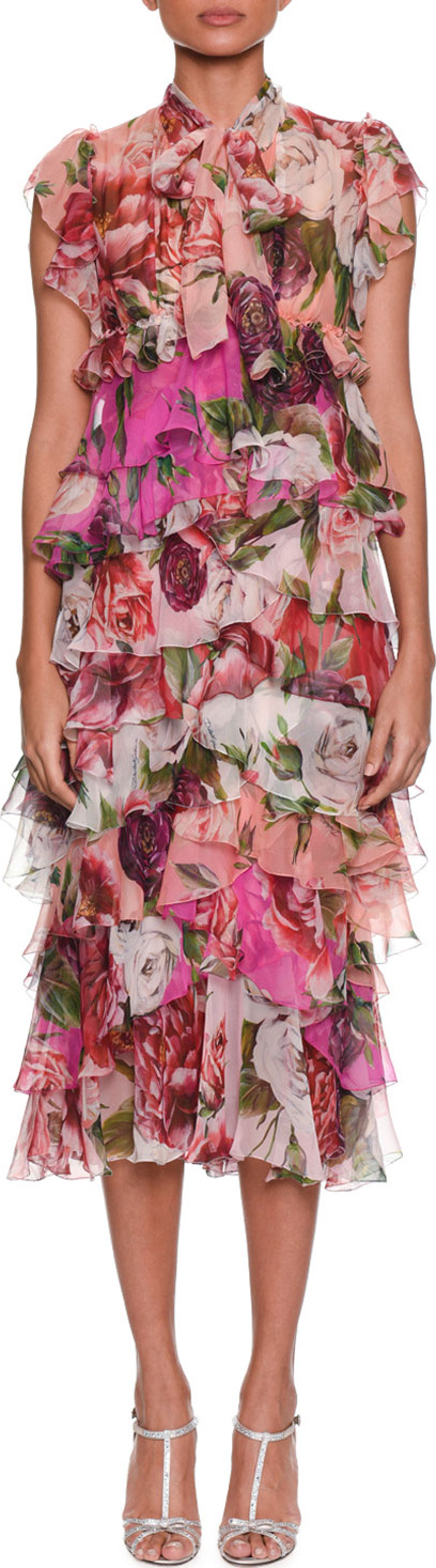 Dolce & Gabbana Tie-Neck Rose & Peony Print Tiered Chiffon Mid-Calf Dress
