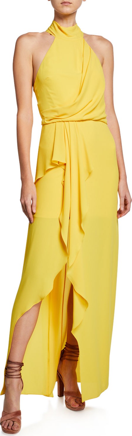 HALSTON HERITAGE Mock-Neck Halter Gown with Draped Front Detail