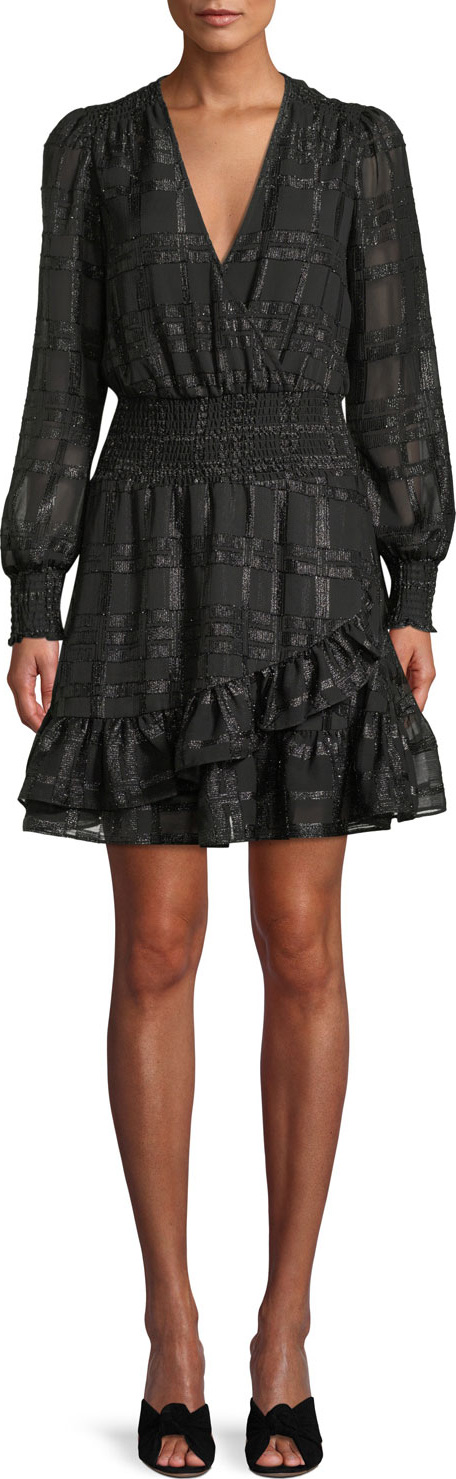 MICHAEL MICHAEL KORS Shiny Plaid Long-Sleeve Ruffled Dress MICHAEL MICHAEL KORS Shiny Plaid Long-Sleeve Ruffled Dress