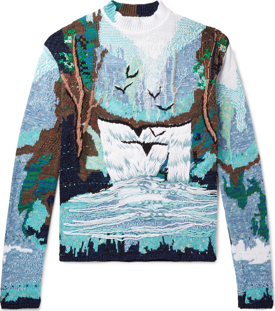 Off White Oversized Embroidered Intarsia Cotton-Blend Sweater