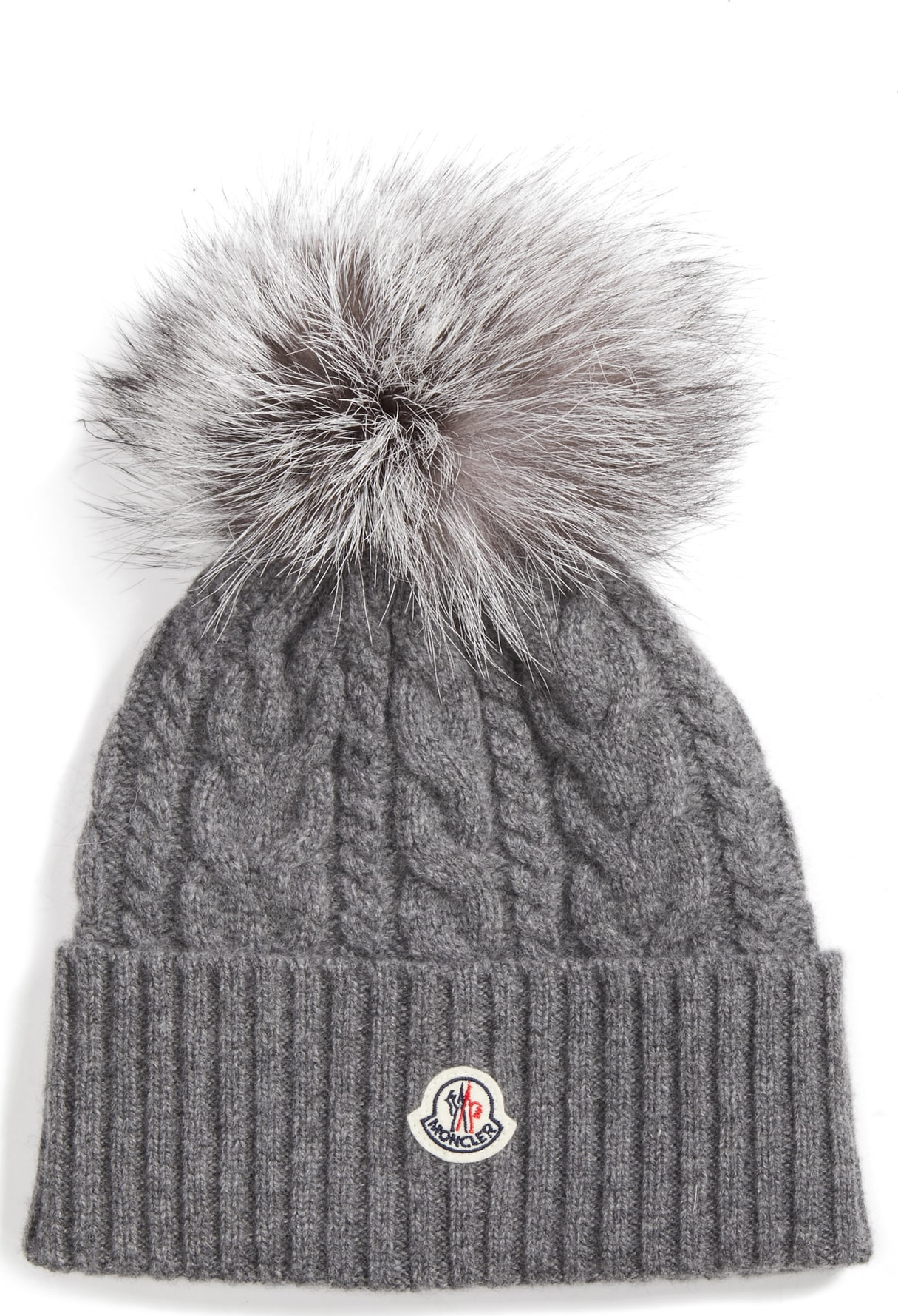 Moncler Cable Knit Beanie with Genuine Fox Fur Pom