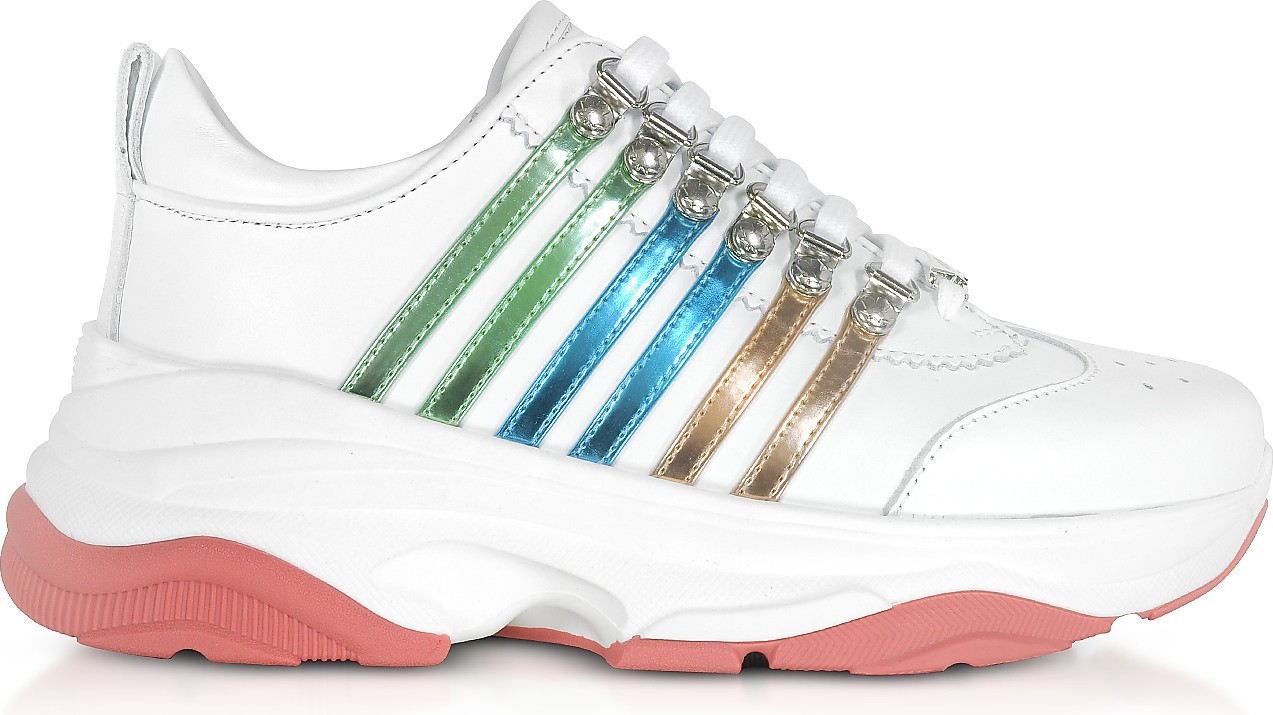DSQUARED2 Women's White, Green & Blue Calf Leather Sneakers