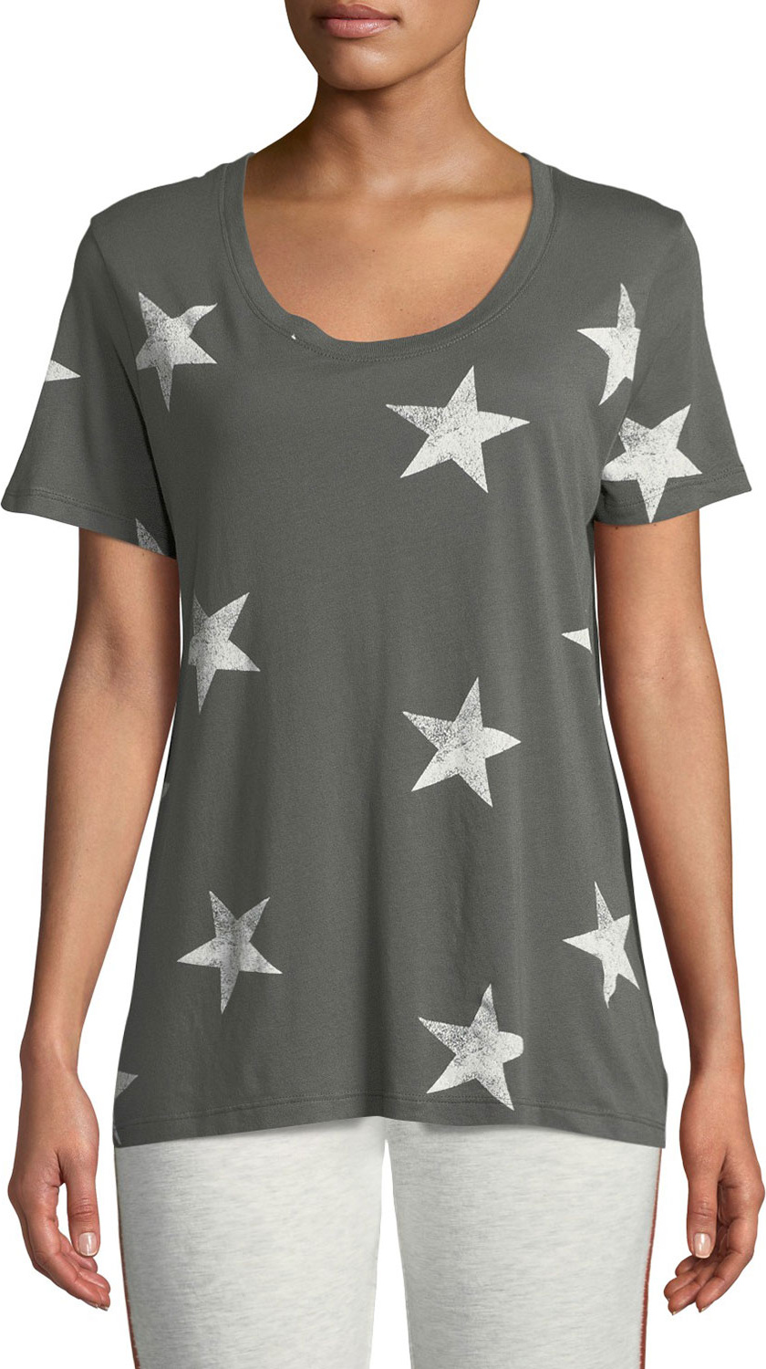 MONROW Star-Print Scoop-Neck Short-Sleeve Relaxed Shirt