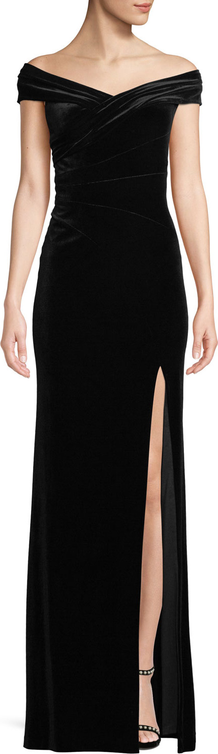 Aidan Mattox Off-The-Shoulder Front-Slit A-Line Velvet Evening Gown