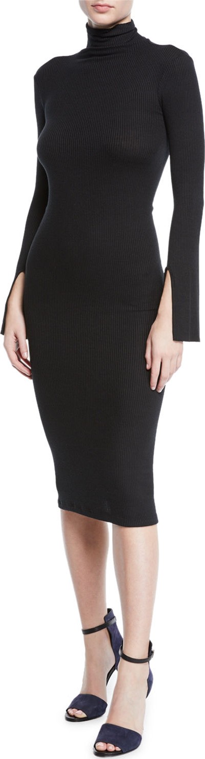 ENZA COSTA Ribbed Split-Sleeve Turtleneck Midi Dress