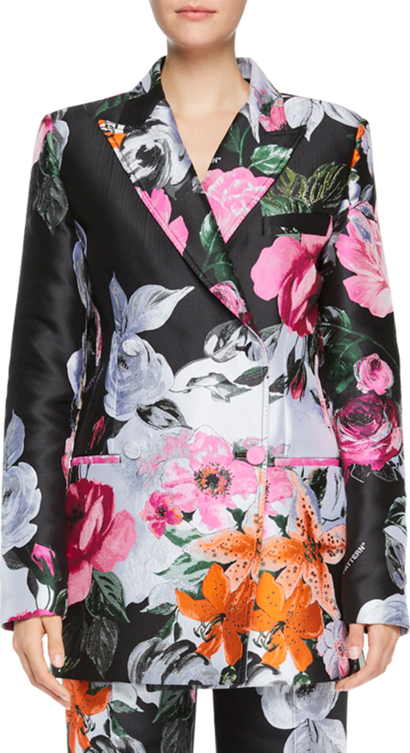 Off White Floral-Jacquard Double-Breasted Jacket