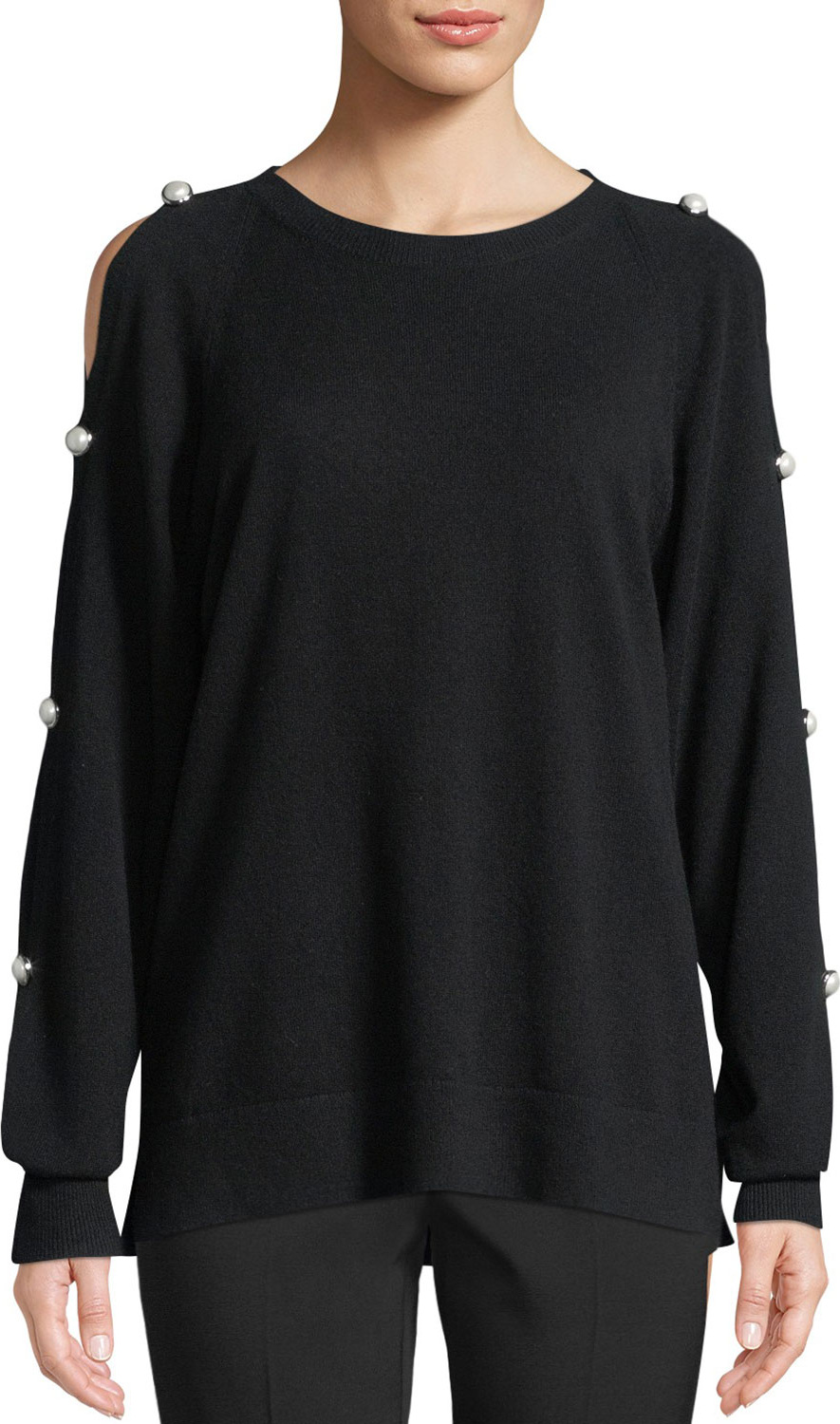 Michael Kors Cold-Shoulder Cashmere Pullover with Pearlescent Buttons
