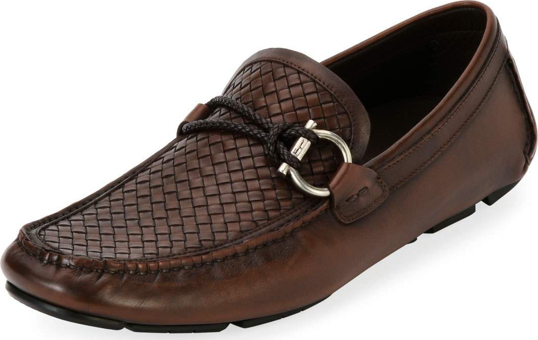Salvatore Ferragamo Men's Woven Leather Gancio Driver, Brown