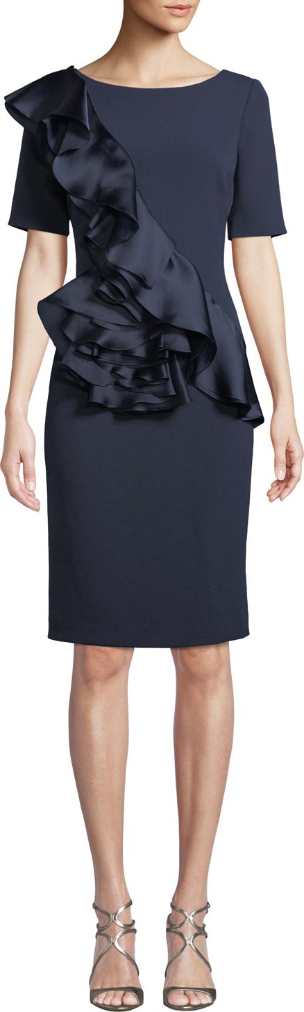 Badgley Mischka Silk Ruffle-Front Sheath Dress