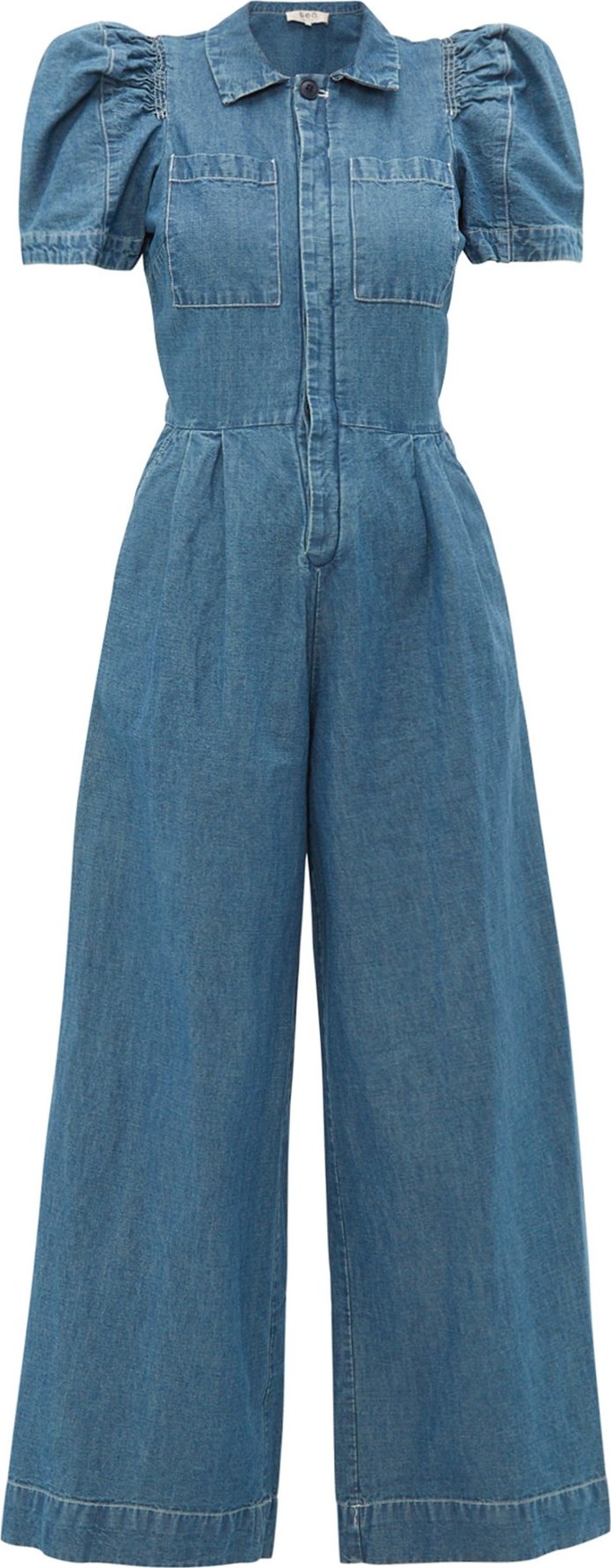 SEA Piper puff-sleeve cotton-blend chambray jumpsuit