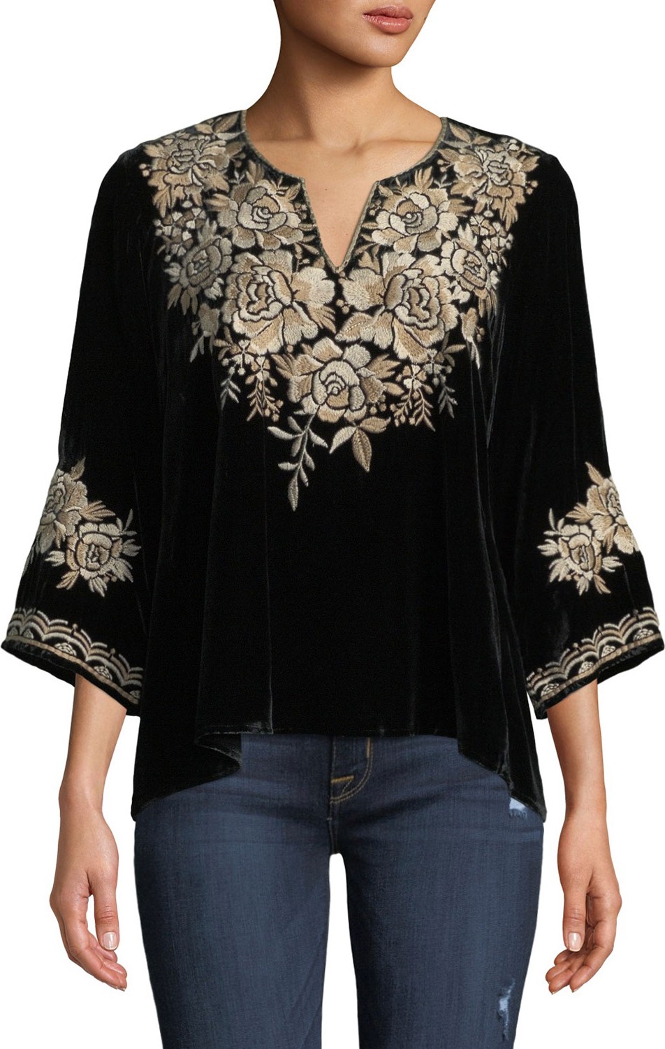 Johnny Was Ollena Floral-Embroidered Velvet Top