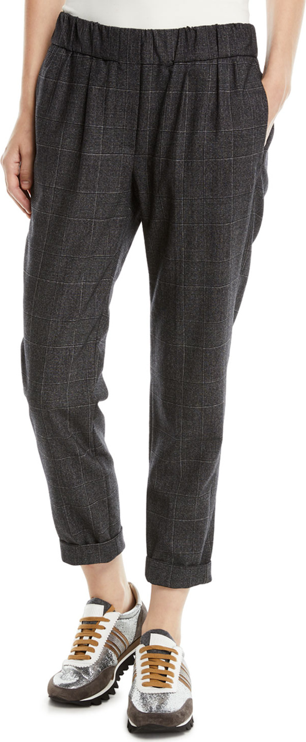 Brunello Cucinelli Plaid Wool Pull-On Pants w/ Monili Stripe