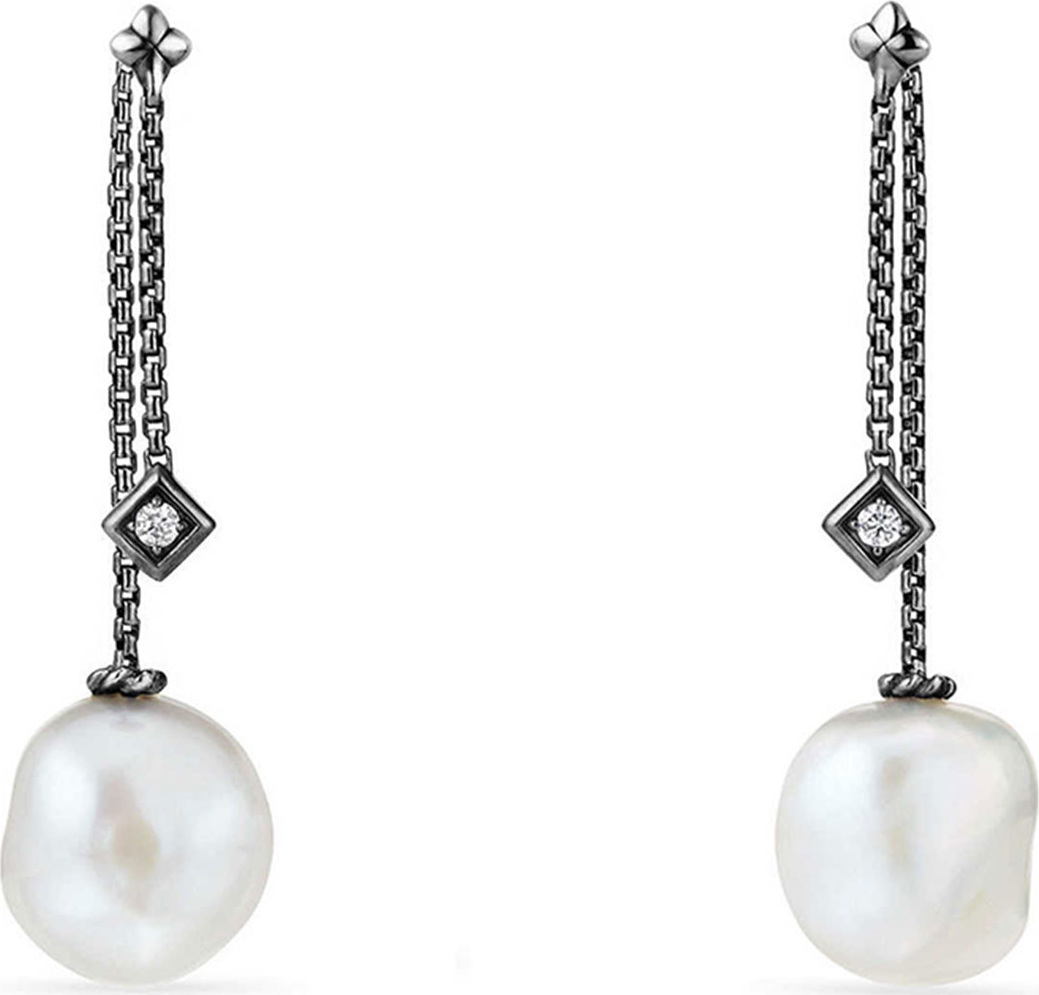 David Yurman Solari Silver Freshwater Pearl & Diamond Drop Earrings