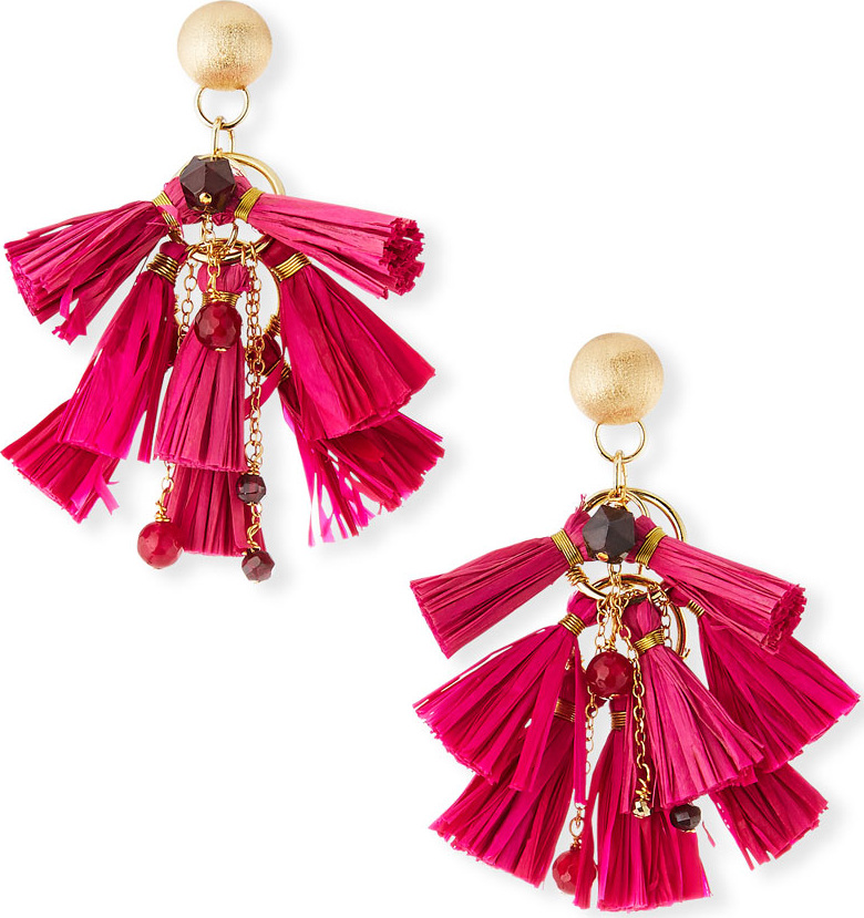 Akola Raffia & Bead Tassel Statement Earrings, Pink