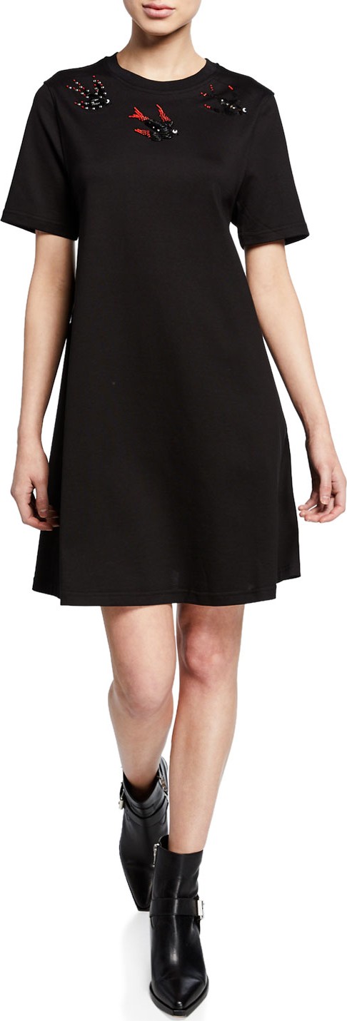 McQ - Alexander McQueen Embellished Swallow Short-Sleeve Cotton Babydoll Dress