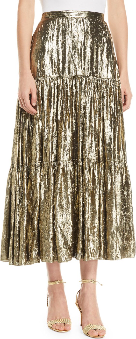 Michael Kors Crushed Metallic Silk Tiered Long Skirt