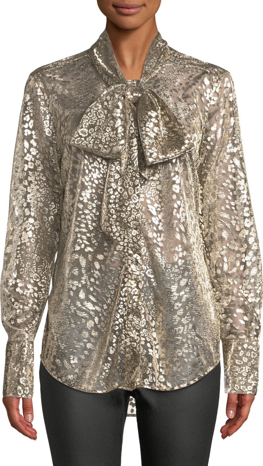 Equipment Luis Tie-Neck Long-Sleeve Metallic Leopard Burnout Blouse