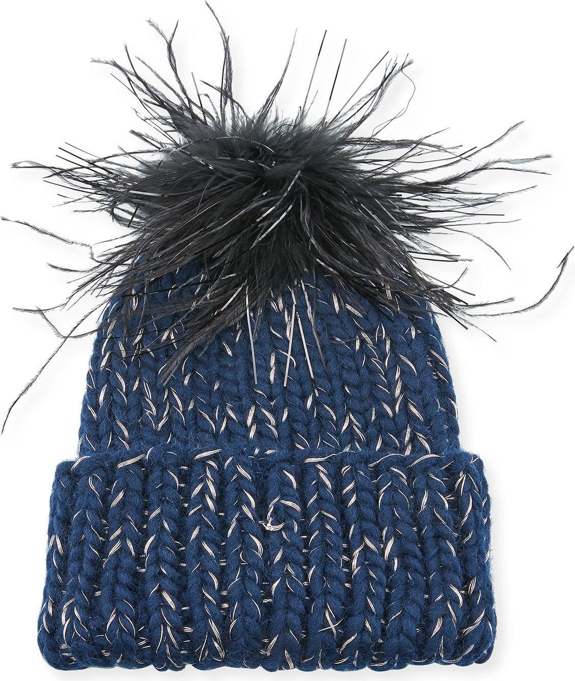 Eugenia Kim Rain Knit Beanie Hat w/ Feather Pompom