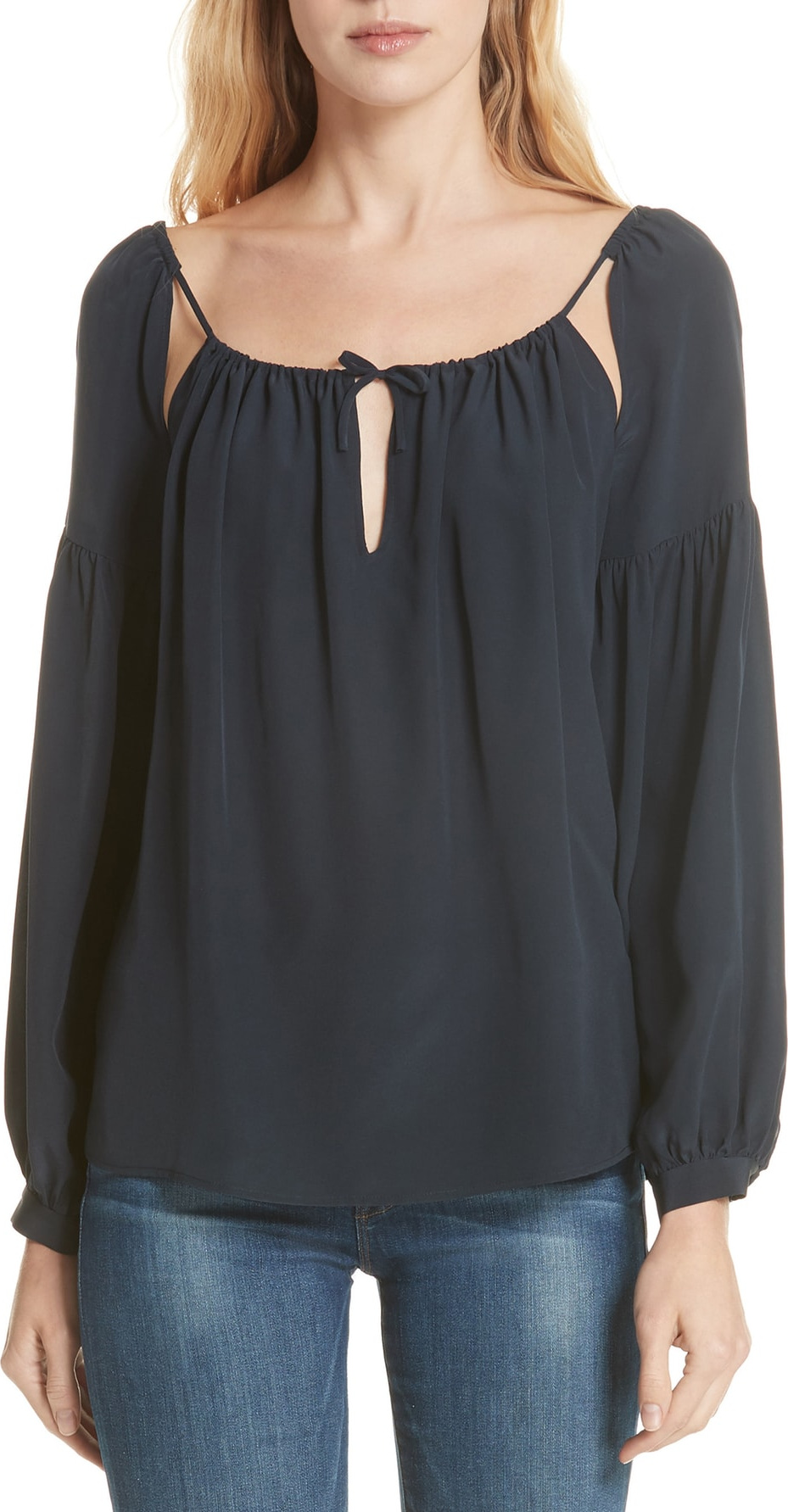 FRAME DENIM Tie-Up Silk Peasant Top