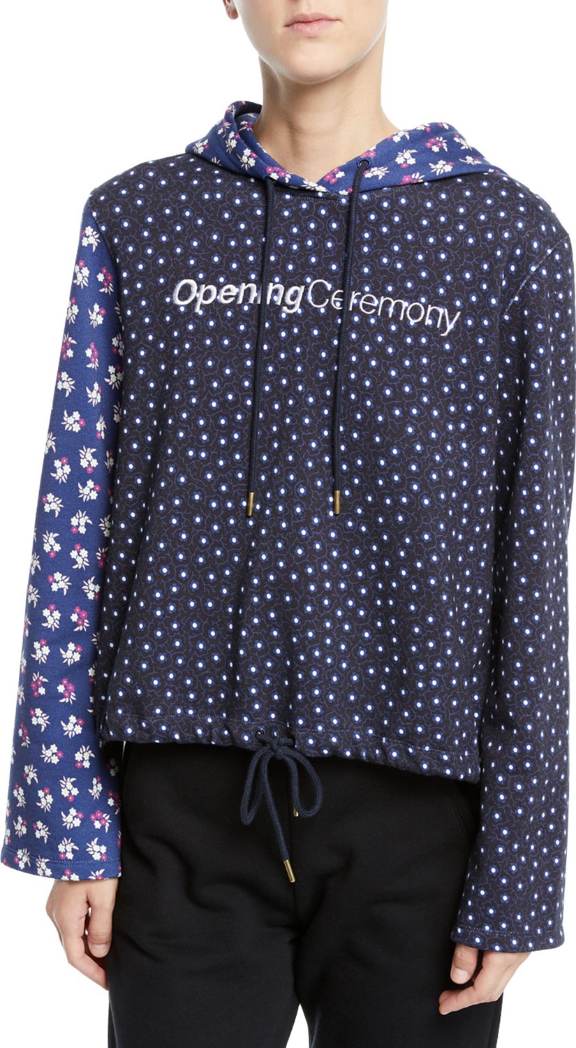 Opening Ceremony Cropped Floral-Print Cotton Logo Hoodie