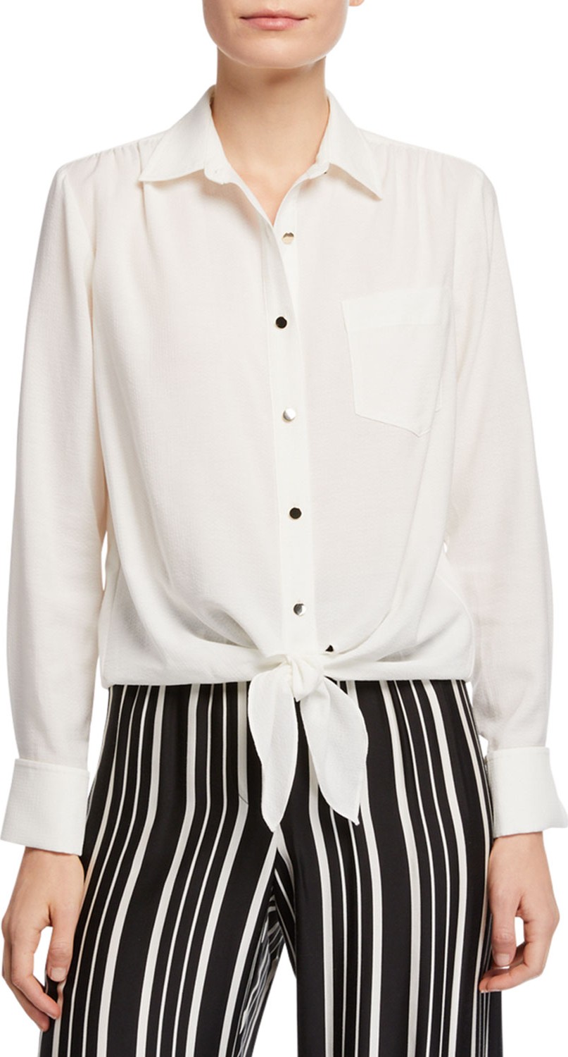 Trina Turk Helinda Button-Front Long-Sleeve Birdseye Blouse w/ Self-Tie Hem