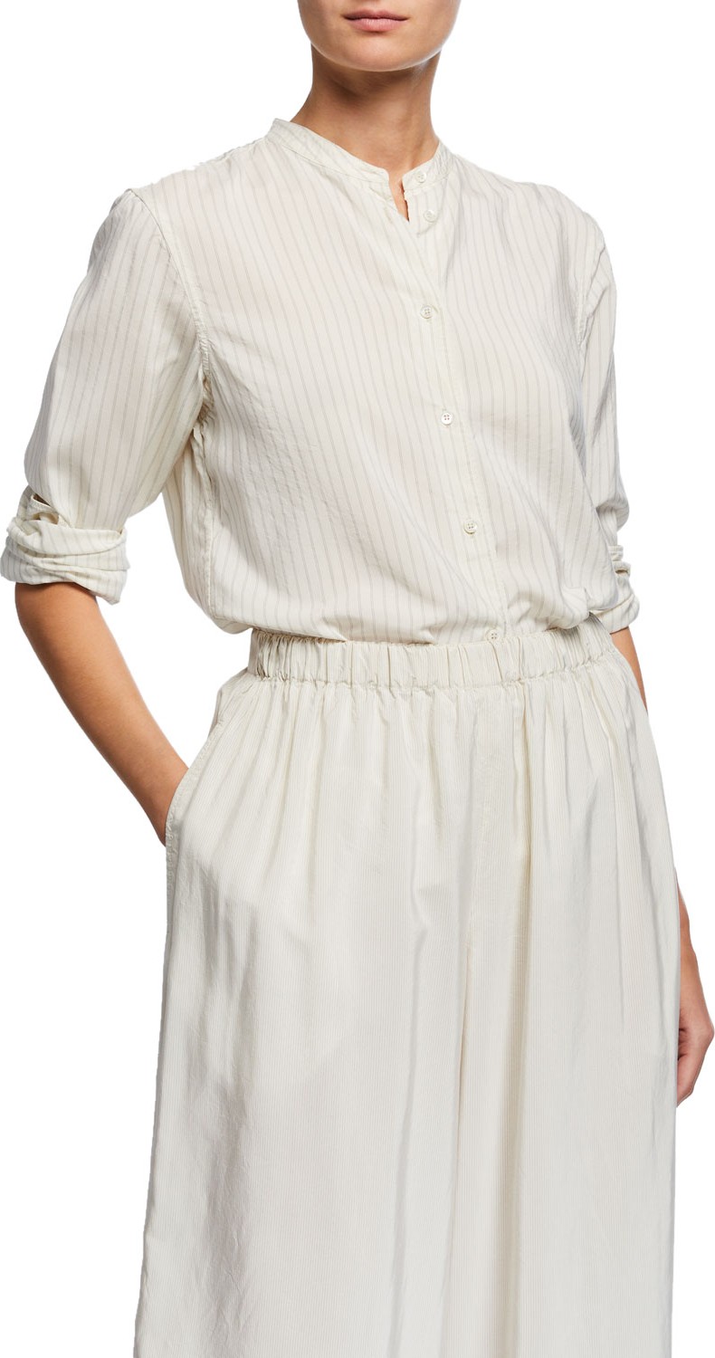 Aspesi Striped Band-Collar Button-Front Long-Sleeve Shirt