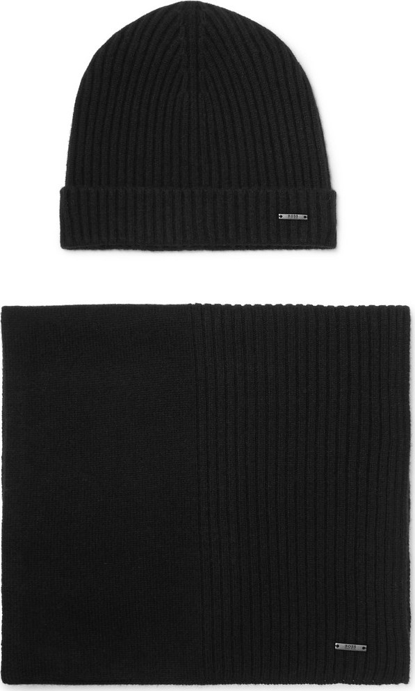 HUGO BOSS Ribbed Cashmere Beanie and Scarf Set