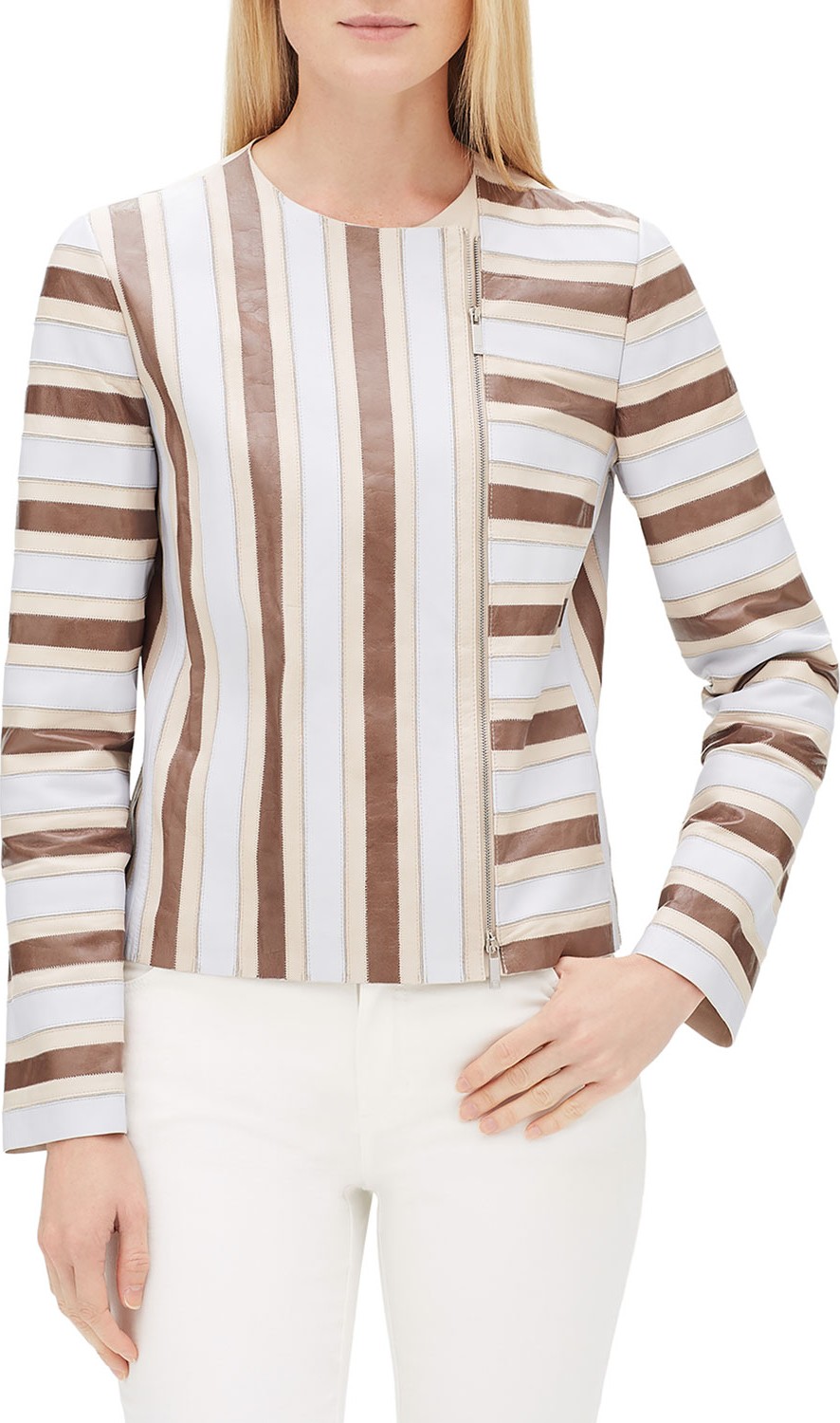 Lafayette 148 New York Kaydon Striped Lambskin Leather Zip-Front Jacket