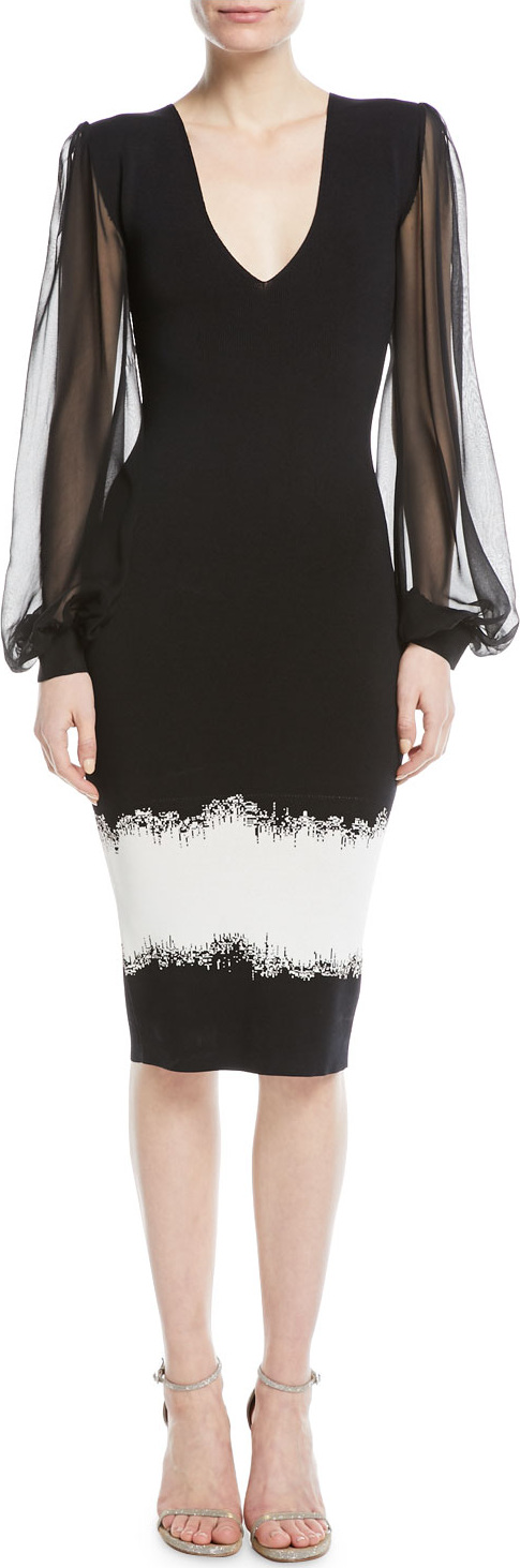 Sachin & Babi Mosaic V-Neck Silk-Sleeve Cocktail Dress