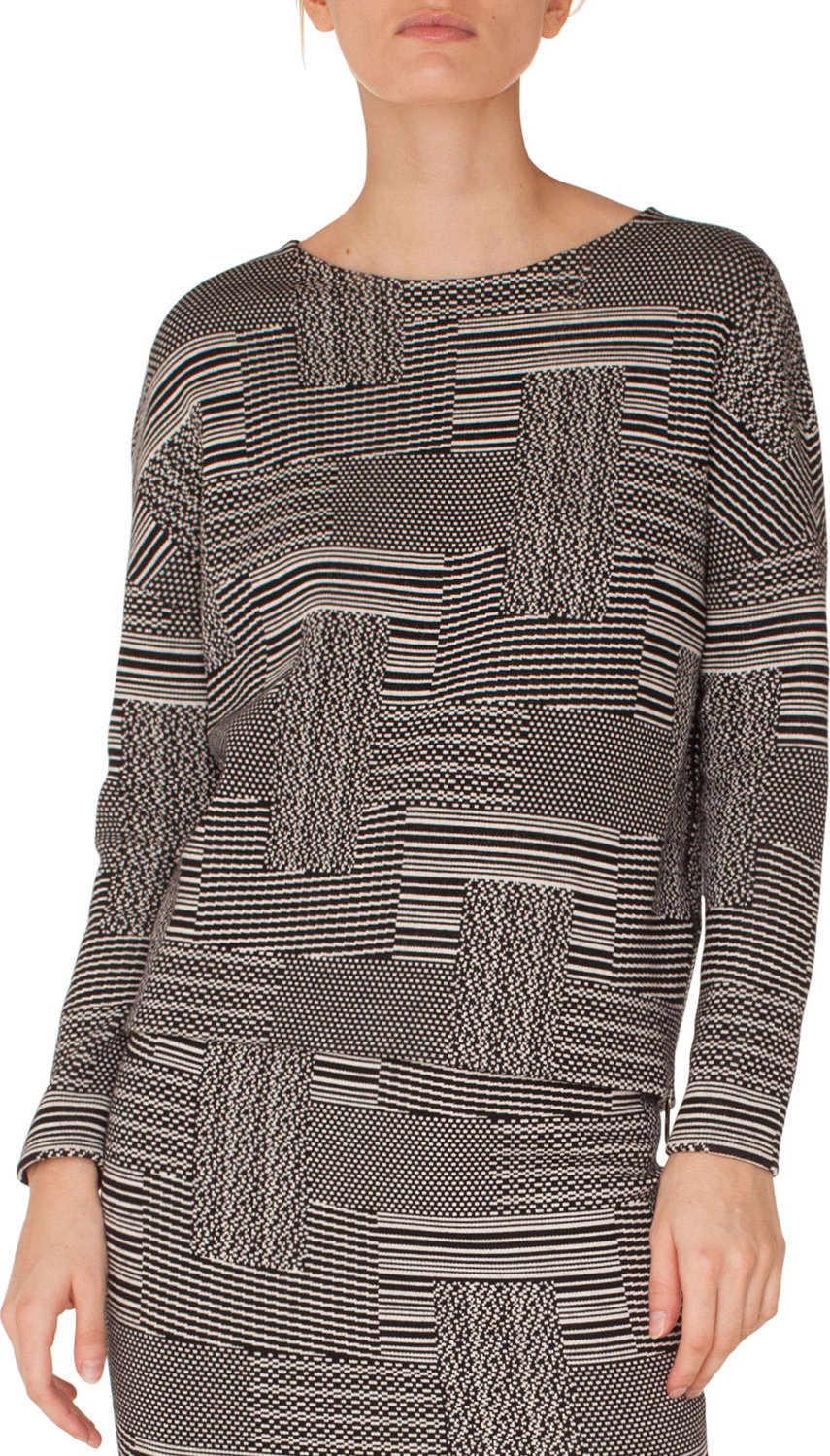 Akris Punto Crewneck Long-Sleeve Patchwork Knit Jacquard Top