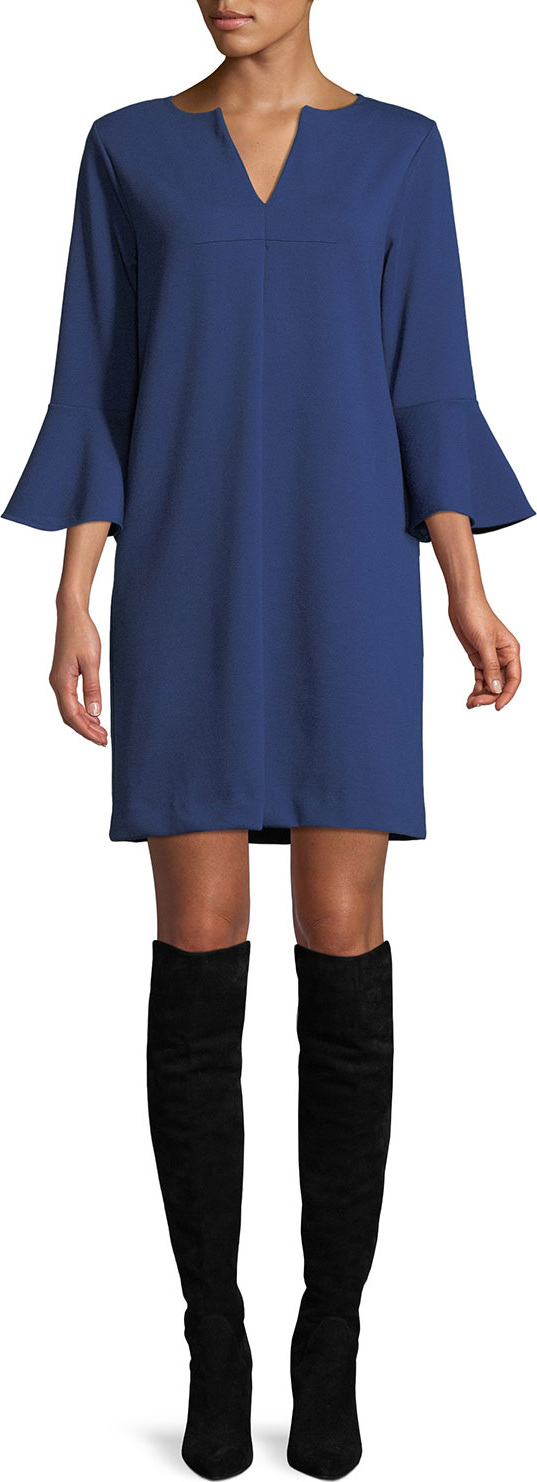 Joan Vass Slit-Neck 3/4 Bell Sleeve A-Line Crepe Dress
