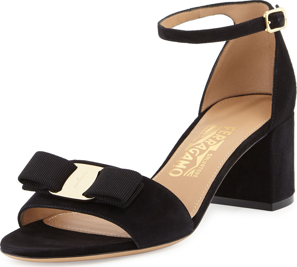 Salvatore Ferragamo Gavina Bow Suede City Sandal, Nero