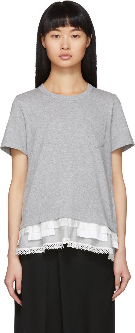 Sacai Grey Lace Ruffle T-Shirt
