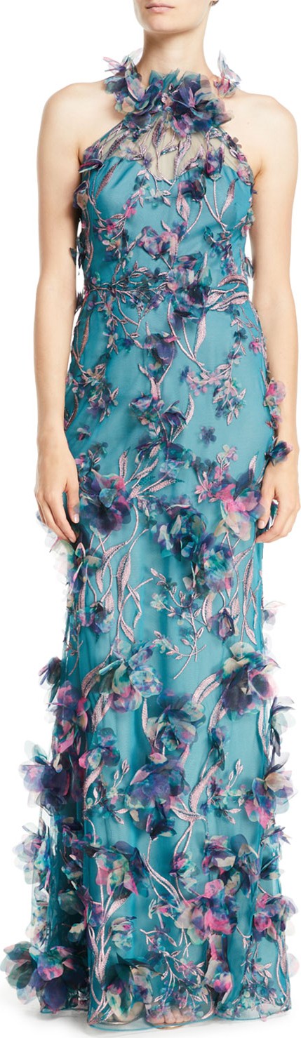Marchesa Notte 3D Floral Halter Gown with Embroidery