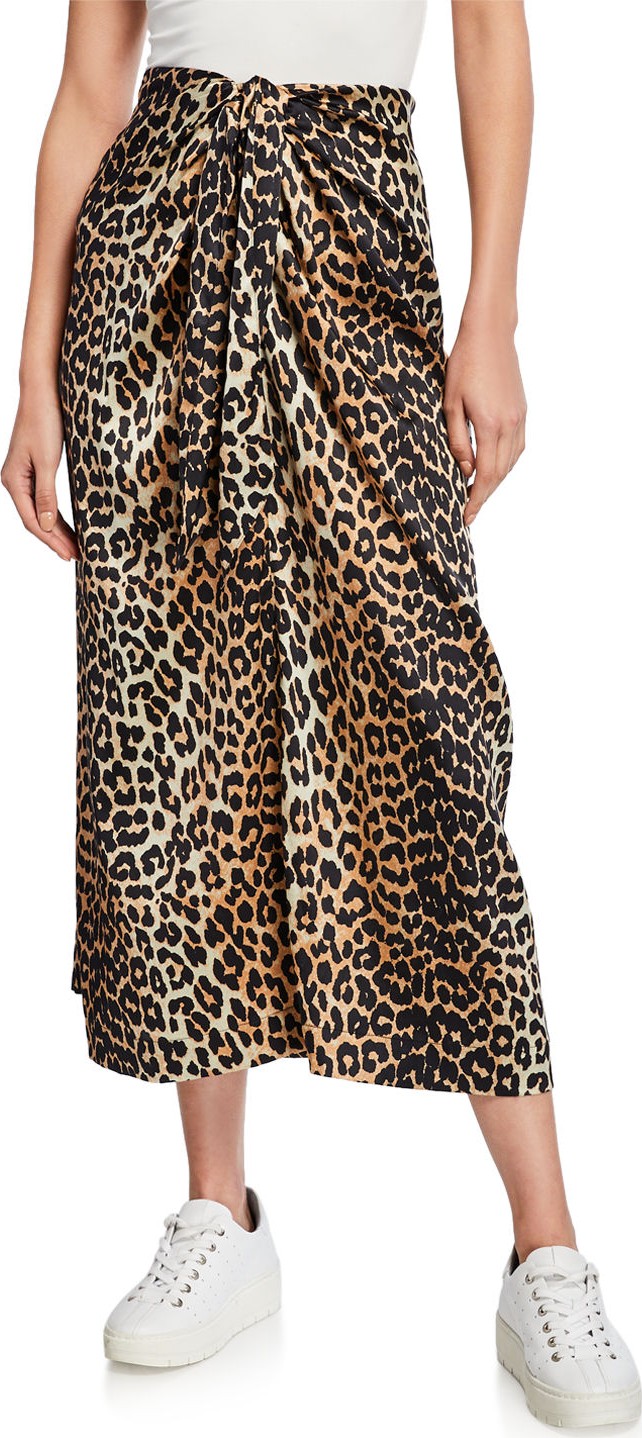 Ganni Stretch Satin Leopard-Print Long Sarong Skirt