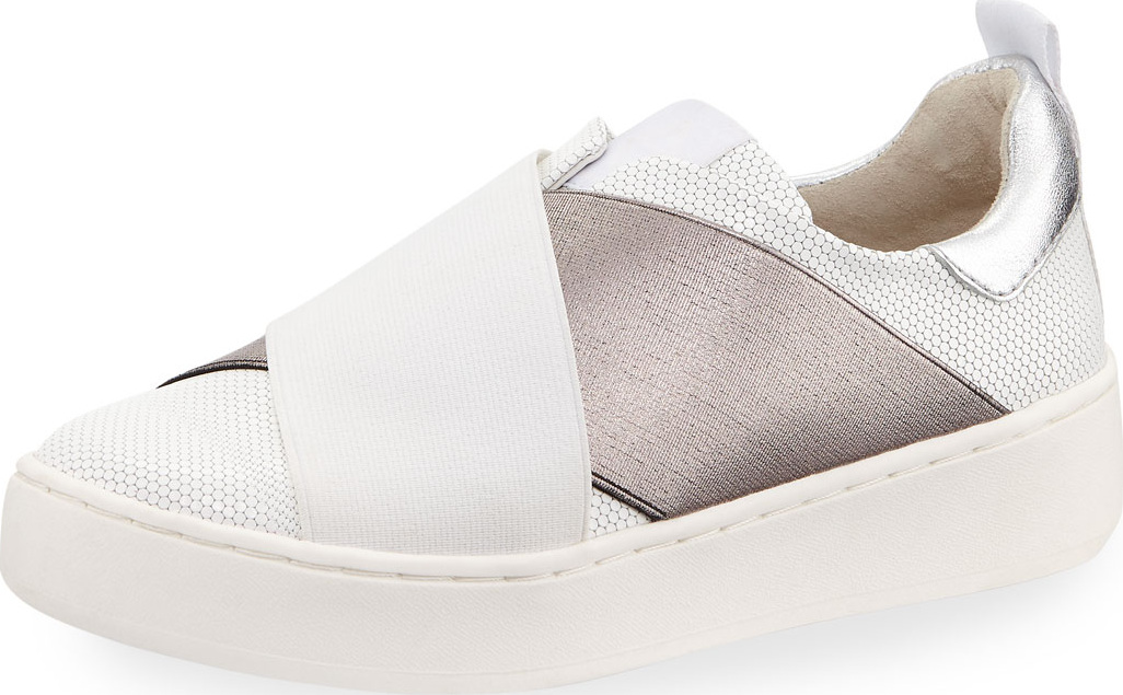 Donald J Pliner Men's Coley Crisscross Slip-On Sneaker, White/Silver