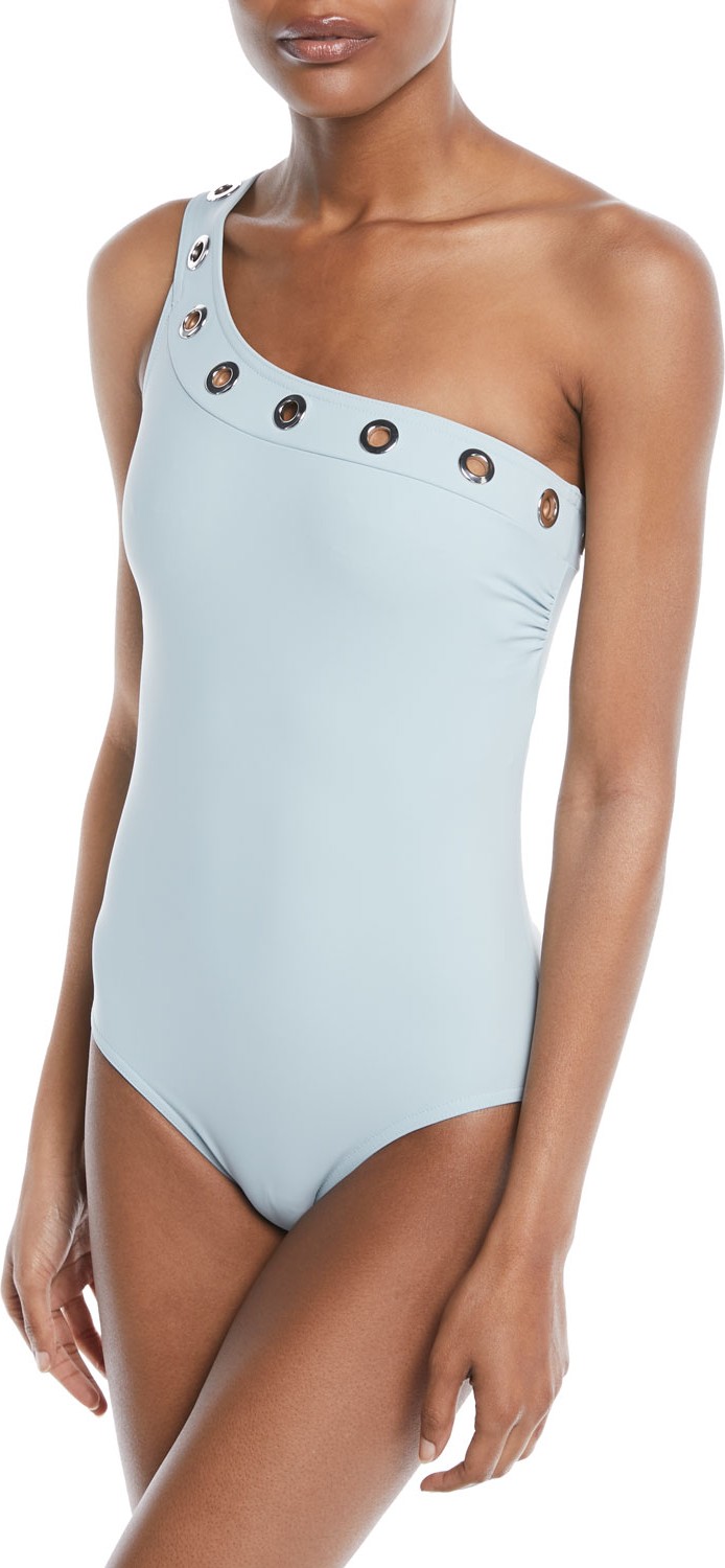 Karla Colletto Viviana Grommet-Trim One-Shoulder Swimsuit with Shelf Bra