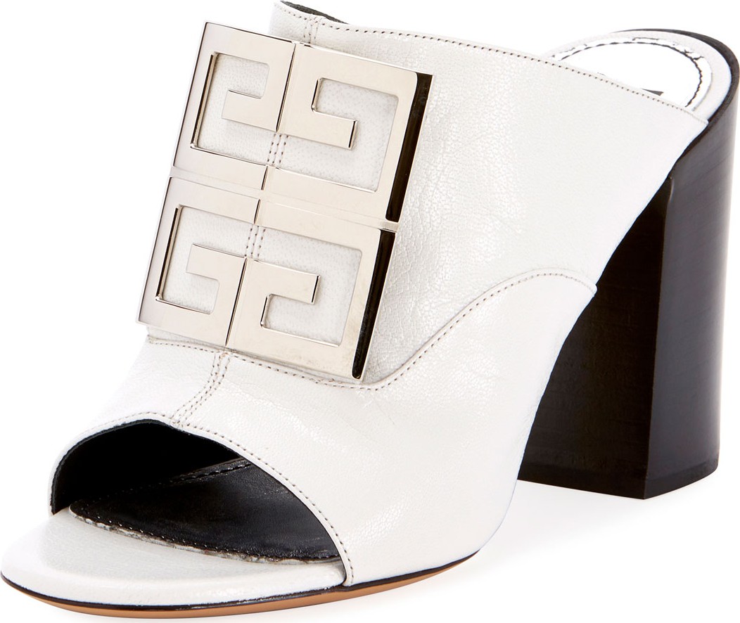 Givenchy Leather 4G Logo 90mm Slide Sandals - Silvertone Hardware
