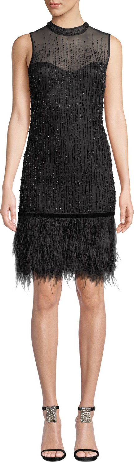Elie Tahari Mirage Mock-Neck Sleeveless Beaded Cocktail Dress w/ Ostrich Feather Hem