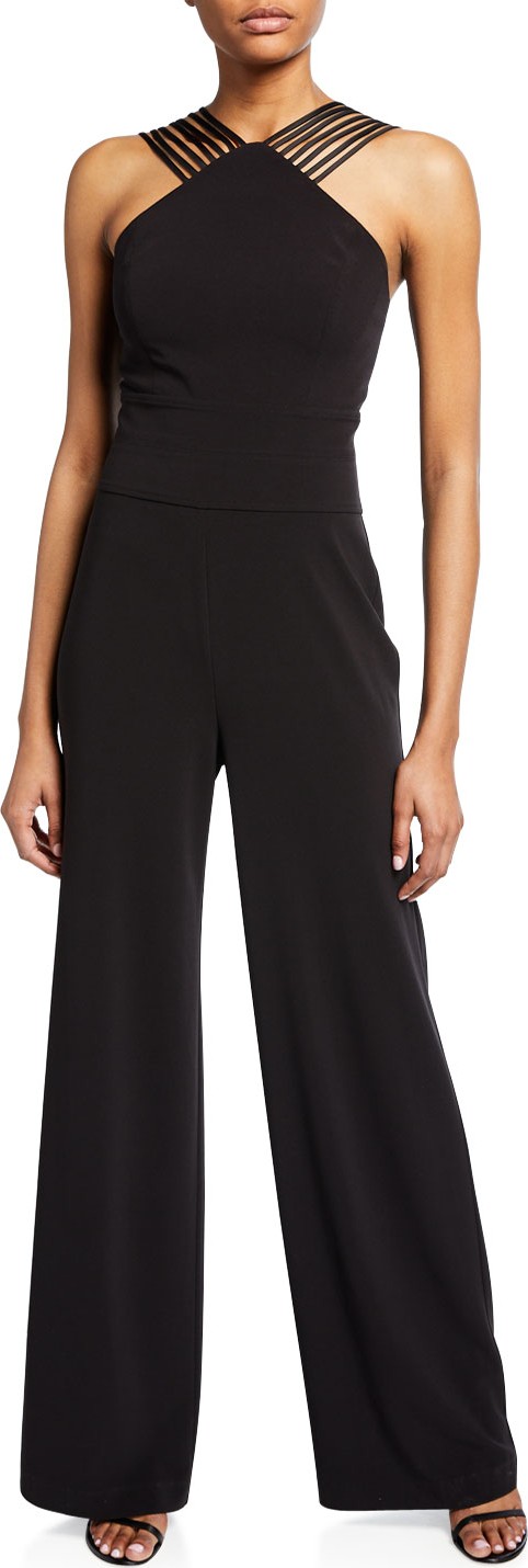 HALSTON HERITAGE Multi Stripe Wide-Leg Halter Jumpsuit