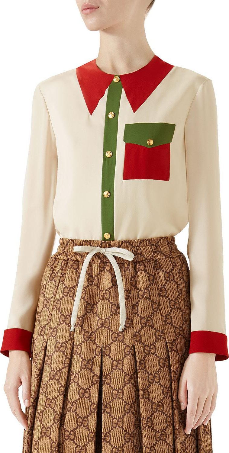 Gucci Long-Sleeve Button-Front Colorblock Silk Blouse