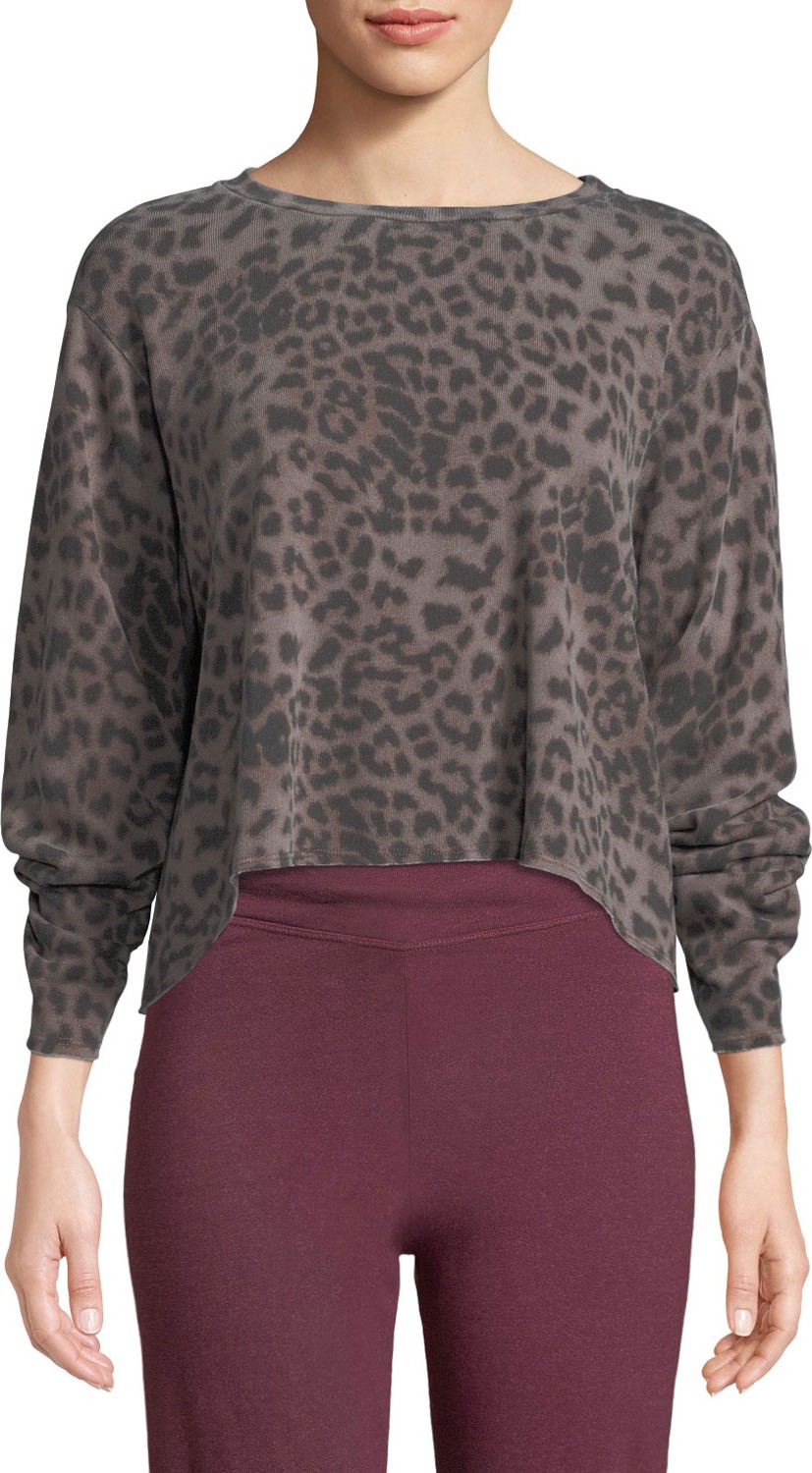 SUNDRY Raw-Edge Boxy Animal-Print Pullover Sweater