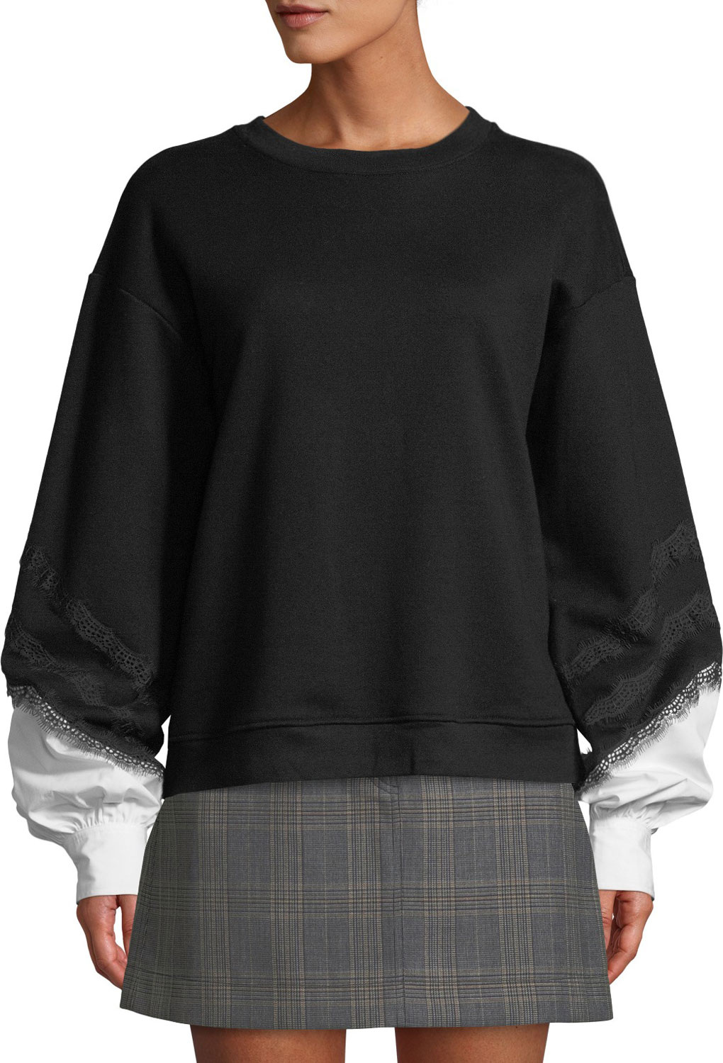 Derek Lam 10 Crosby Crewneck Lace-Trim Sweatshirt with Poplin Sleeves