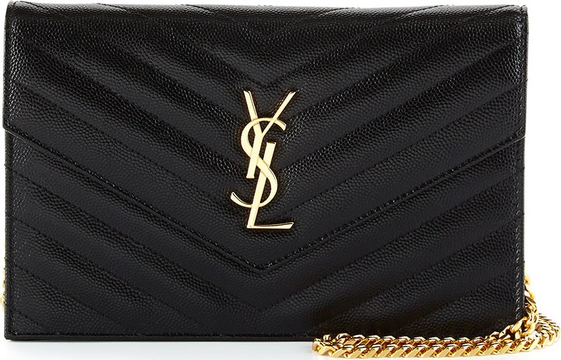 Saint Laurent Monogram YSL Chevron Quilted Wallet on Chain, Black