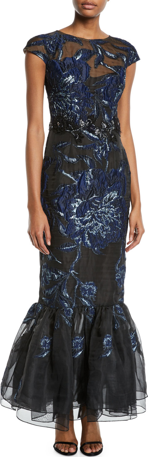 David Meister Cap-Sleeve Embroidered Tulip-Hem Gown